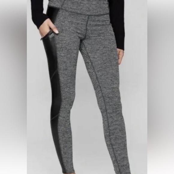 Athleta Black and Gray Patterned Leggings, herringbone pattern with leather - Picture 1 of 8